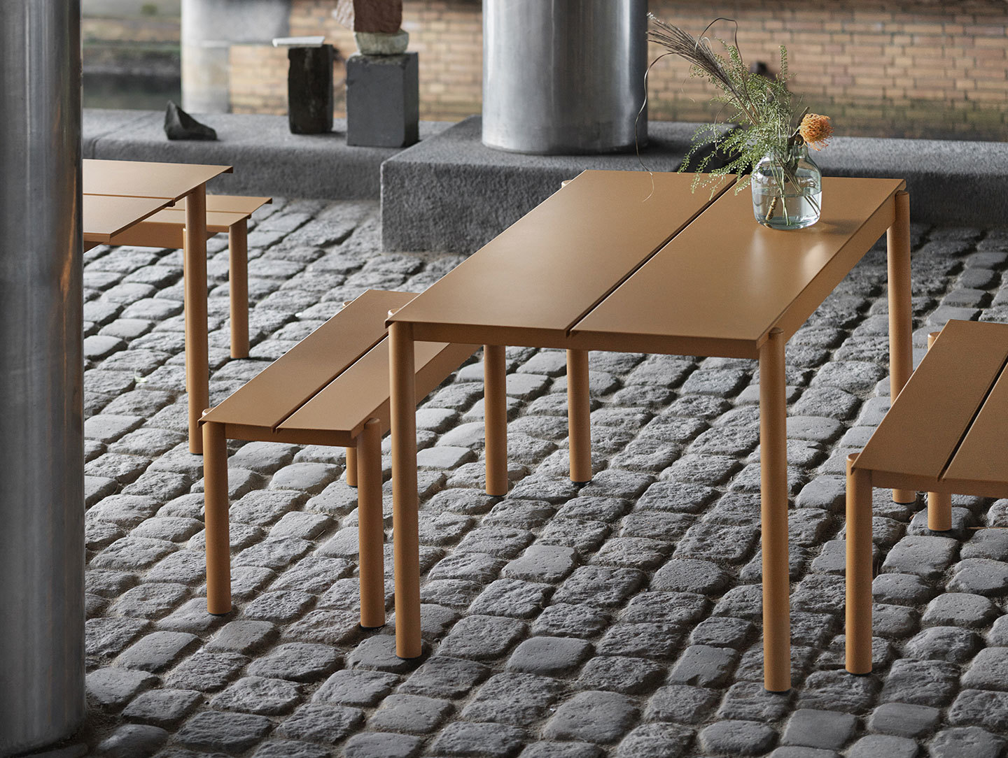 Muuto Linear Steel Outdoor Table And Bench Burnt Orange Thomas Bentzen