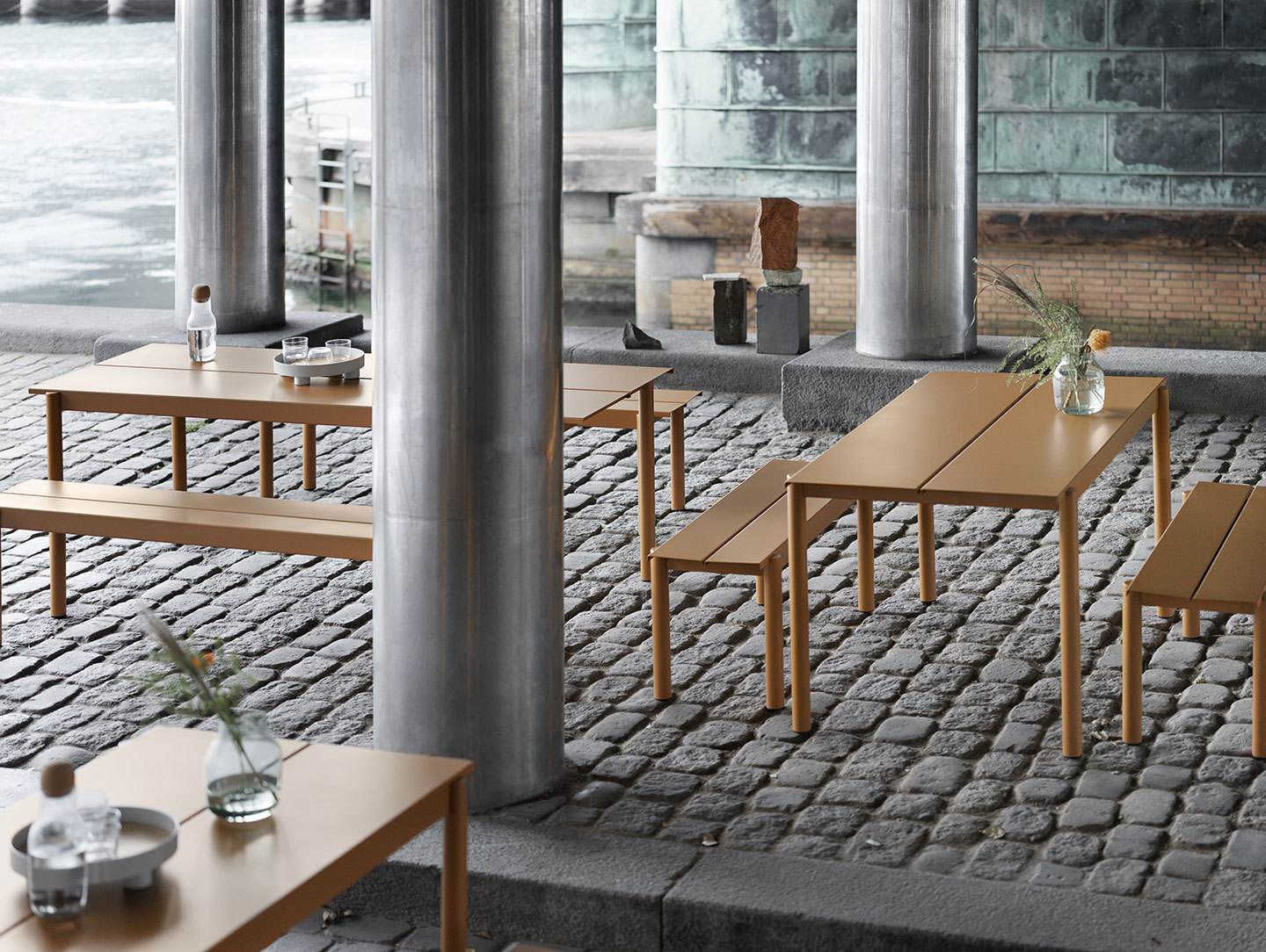 Muuto Linear Steel Outdoor Tables And Benches Burnt Orange Thomas Bentzen