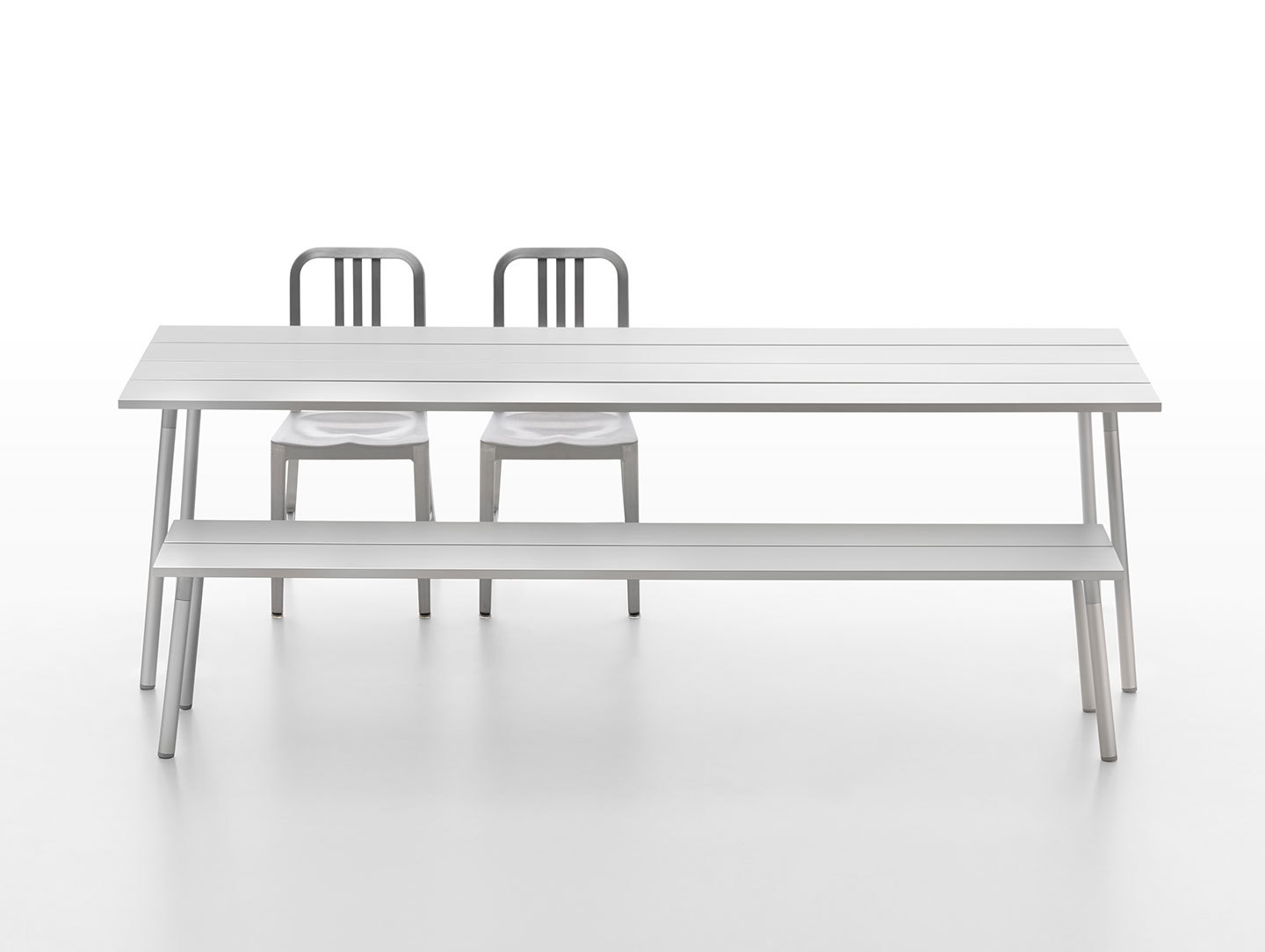 Emeco Run Aluminum Table Bench and 1006 Navy Chairs