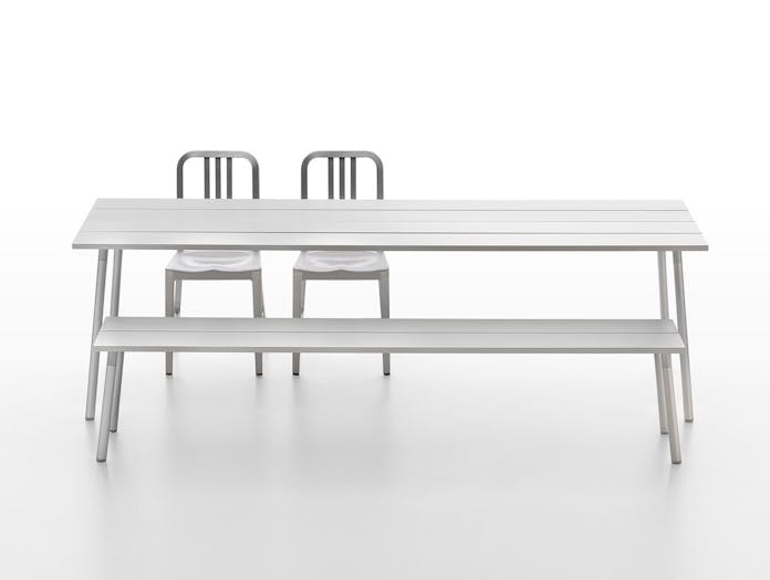Emeco Run Aluminum Table Bench and 1006 Navy Chairs