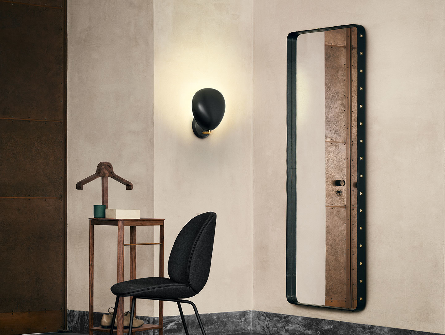Gubi Adnet Wall Mirror Rectangular Beetle Dining Chair Fully Upholstered Conic Base Cobra Wall Lamp On