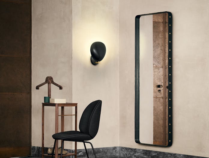 Gubi Adnet Wall Mirror Rectangular Beetle Dining Chair Fully Upholstered Conic Base Cobra Wall Lamp On