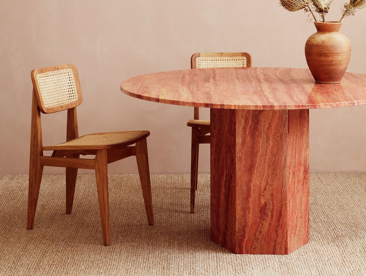 Gubi Epic Dining Table 1 red travertine Gam Fratesi