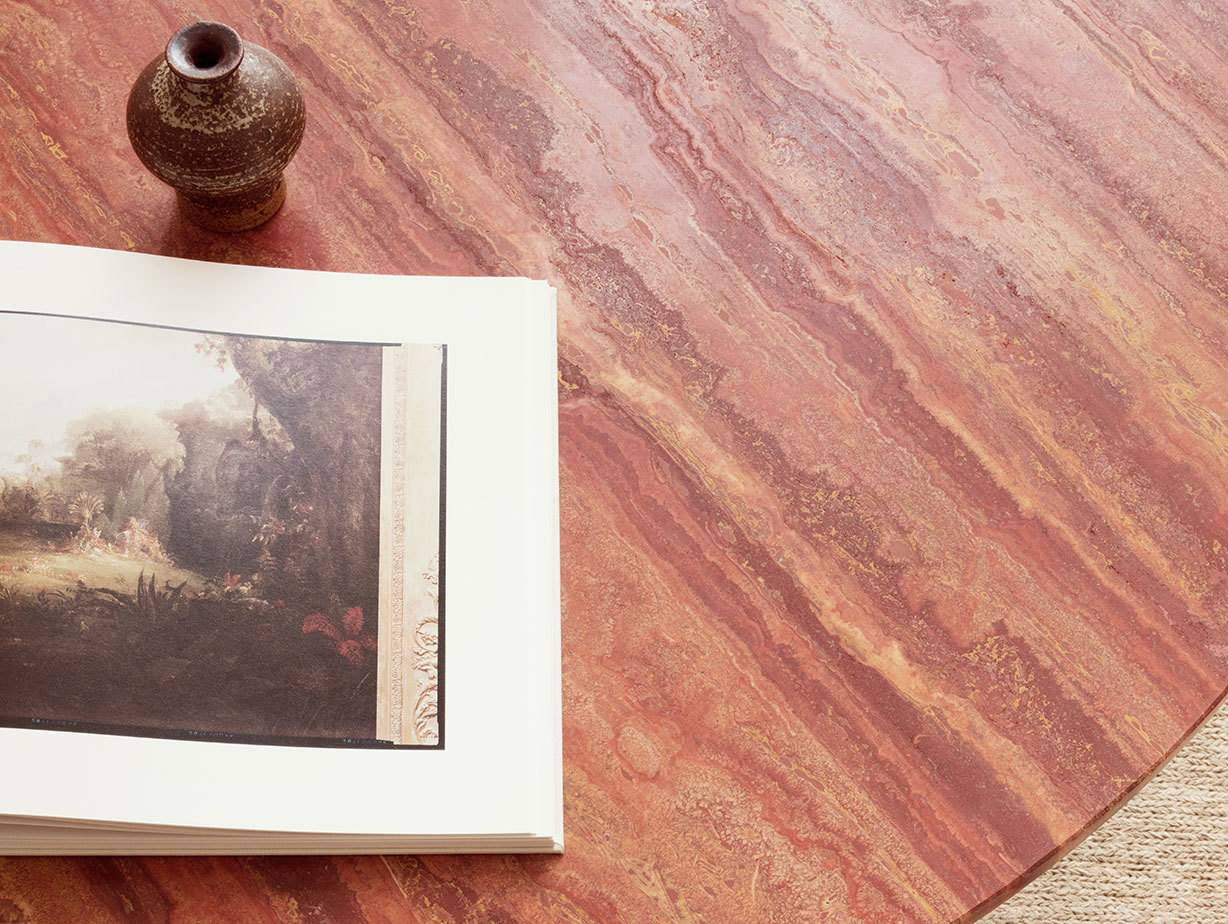 Gubi Epic Dining Table detail red travertine Gam Fratesi