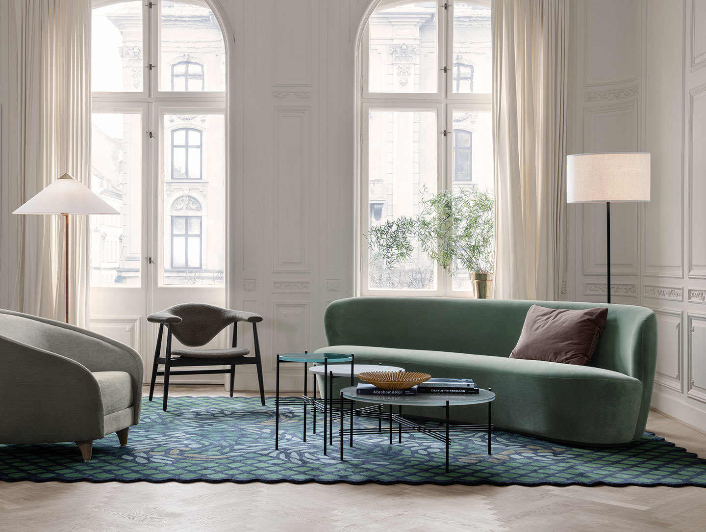 Gubi Revers Lounge Chair 9602 Floor Lamp Masculo Lounge Chair TS Side Table TS Coffee Table Stay Sofa Gravity Floor Lamp Mategot Bowl On