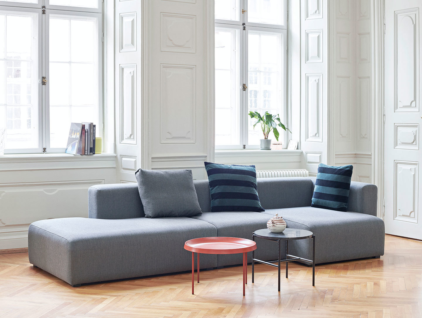 Hay Mags Sofa Fiord 171 Tulou Coffee Table Orange Rebar Side Table Soft Stripe Cushion Soft Blue