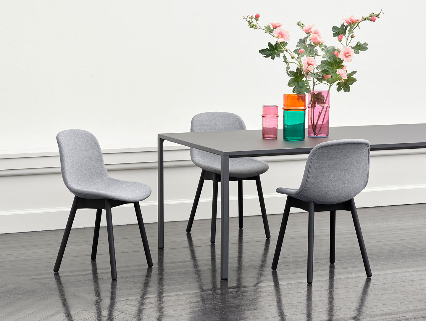 Hay Neu 13 Chair black base Uph Remix 143 New Order Table black lino top Morroccan Vase