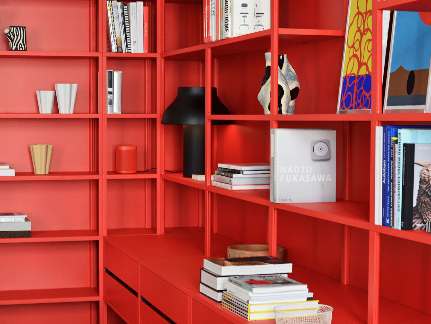 Hay New Order Shelving System red PC Table Lamp soft black Jessica Hans Vase glossy cow Iris Vase off white Iris Vase yellow Tree Trunk white