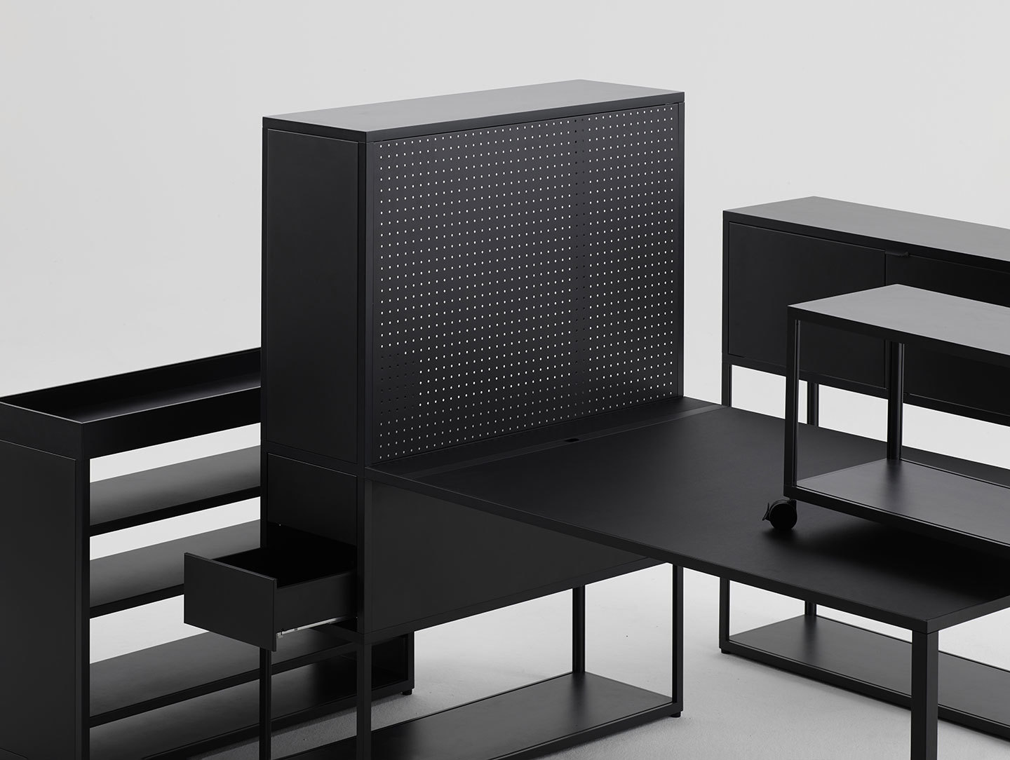 Hay New Order Shelving system with perforated Steel Panels Charcoal New Order wheel black