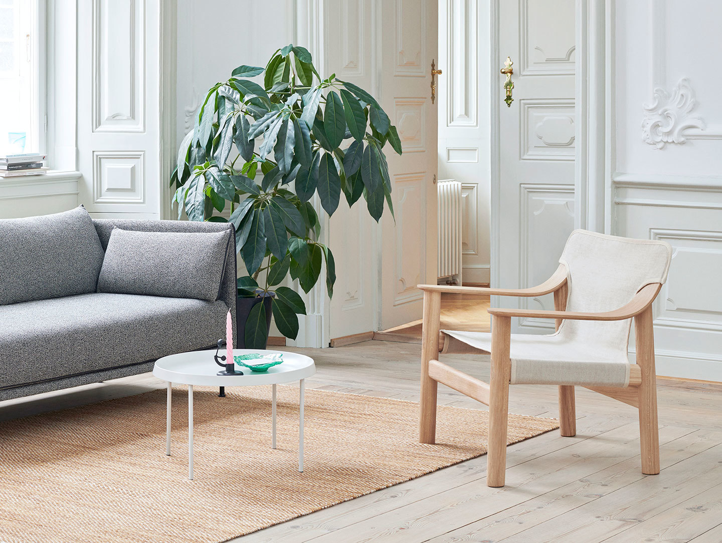 Hay Silhouette 2 seater Olavi Bernard matt lacquered oak raw canvas Tulou Coffee Table off white