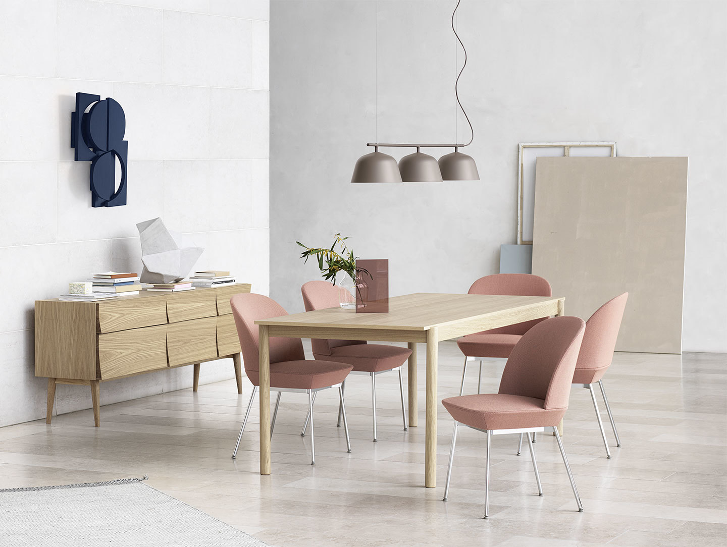 Muuto Oslo side chair twill weave 530 chrome linear wood table oak reflect sideboard ambit rail lamp taupe