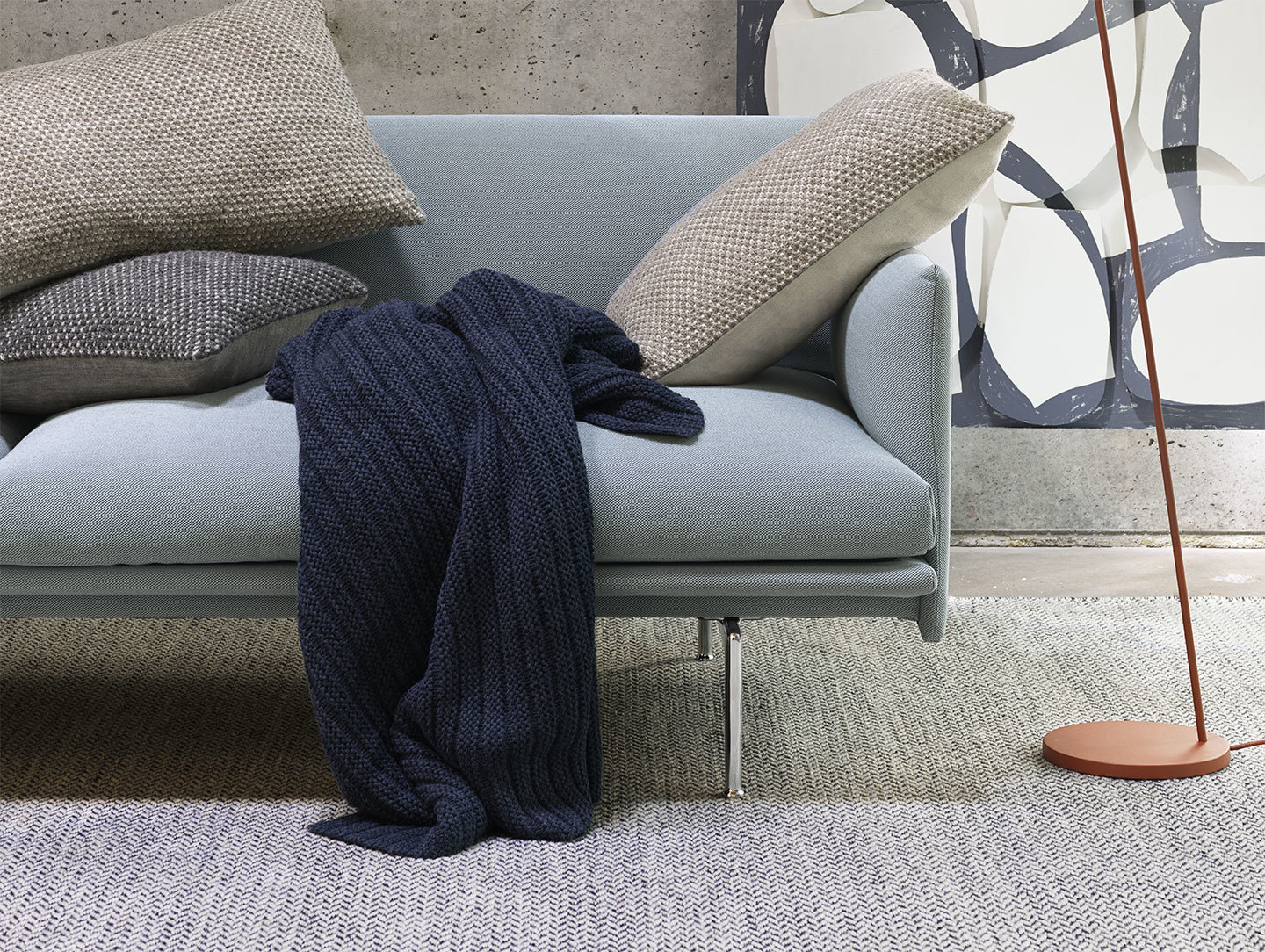 Muuto twine cushion beige grey dark grey ample throw midnight blue outline steelcut trio 713 leaf lamp
