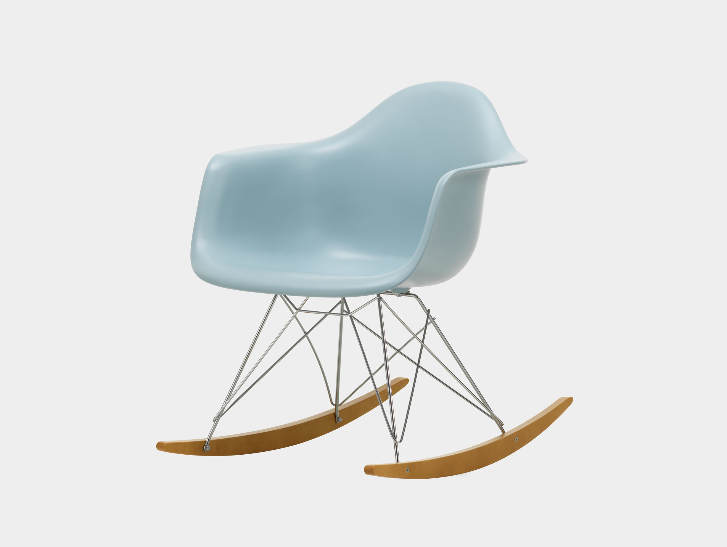 Vitra RAR Rocking Chair Ice Grey seat shell Chrome wire Golden Maple runners