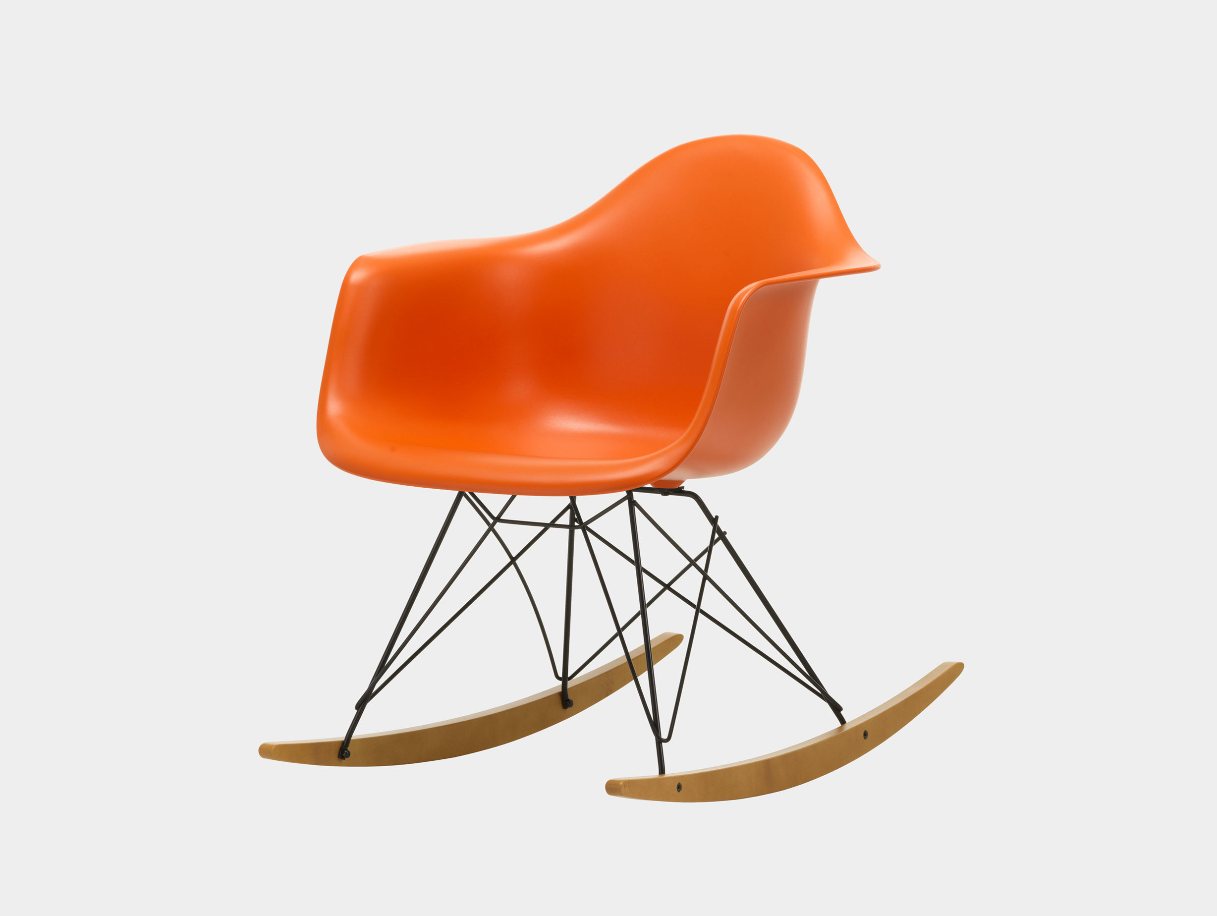 Vitra RAR Rocking Chair Rusty Orange seat shell Basic Dark wire Golden Maple runners