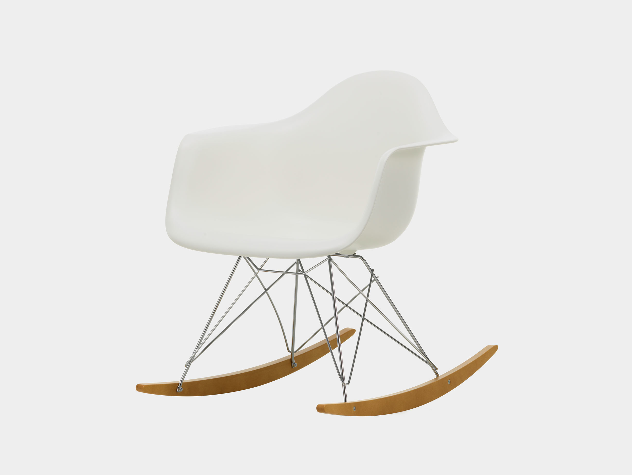 Vitra RAR Rocking Chair White seat shell Chrome wire Golden Maple runners