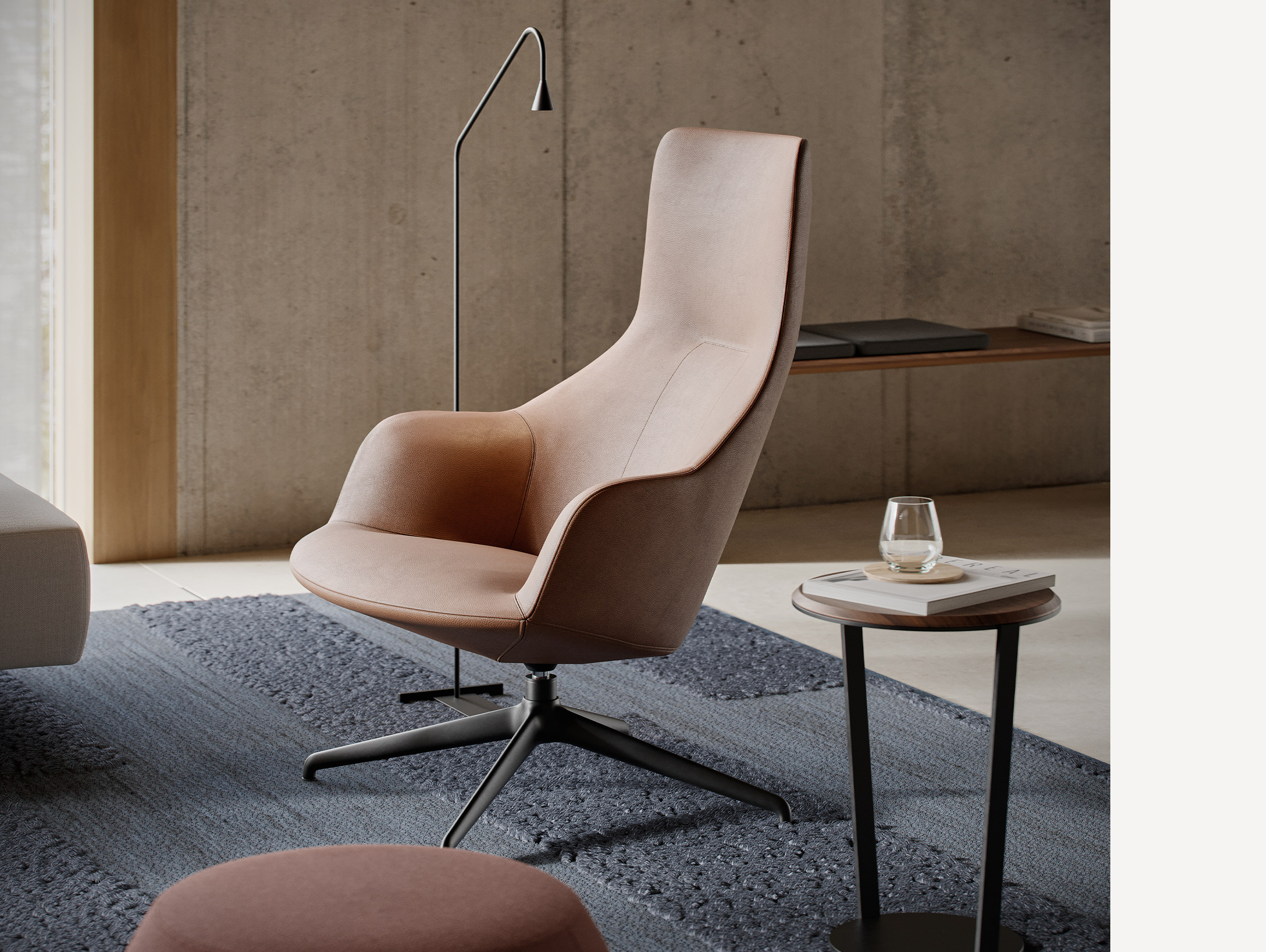 Bensen circa lounge chair highback swivel with armrests chrome base lifestyle2