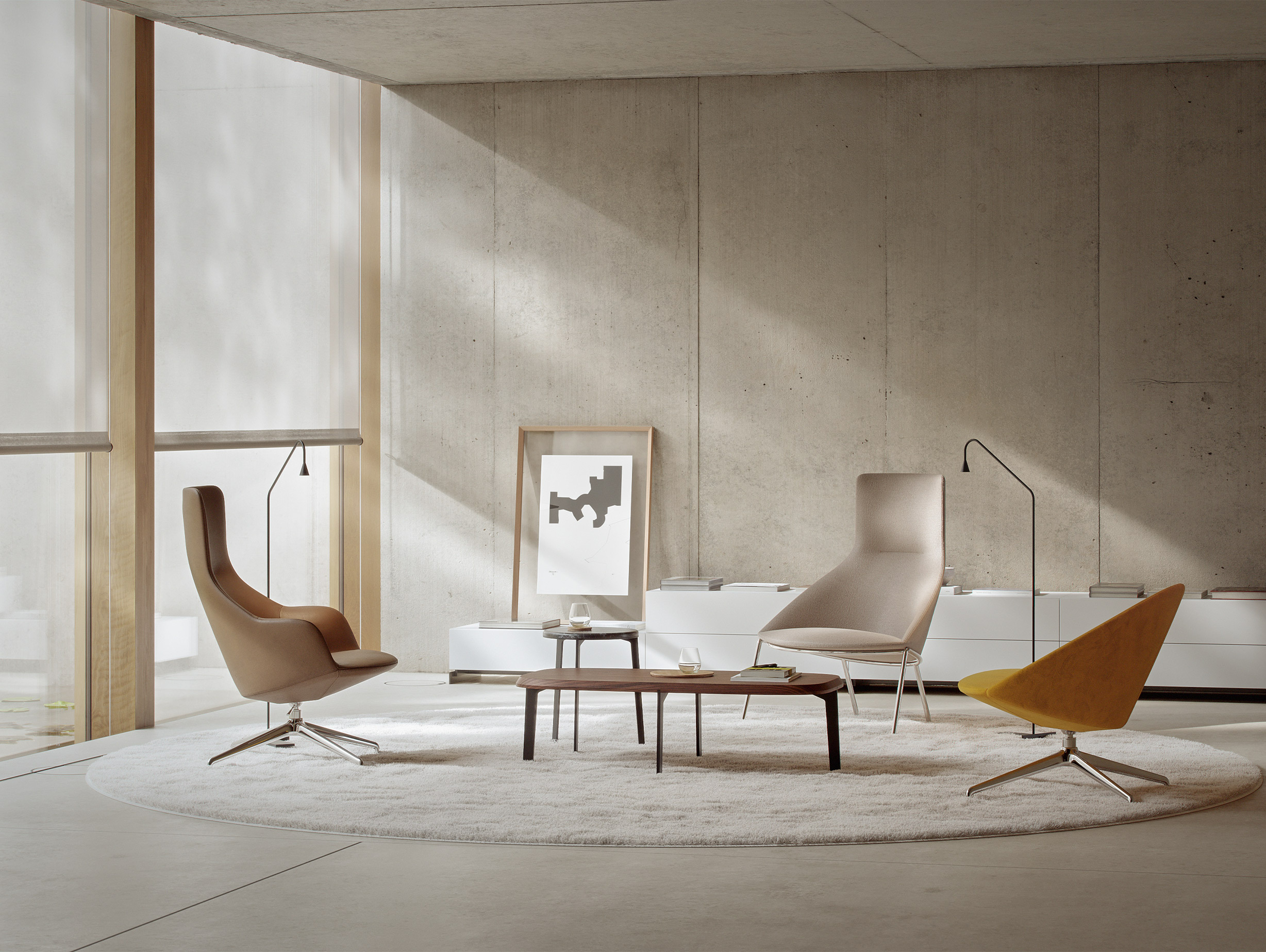 Bensen circa lounge chair highback swivel with armrests chrome base lifestyle3