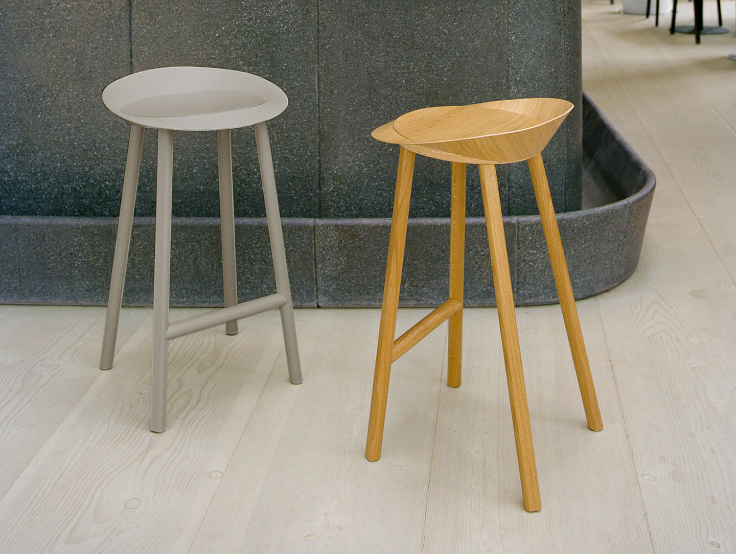 E15 Jean Stools Oak Silk Grey Stefan Diez