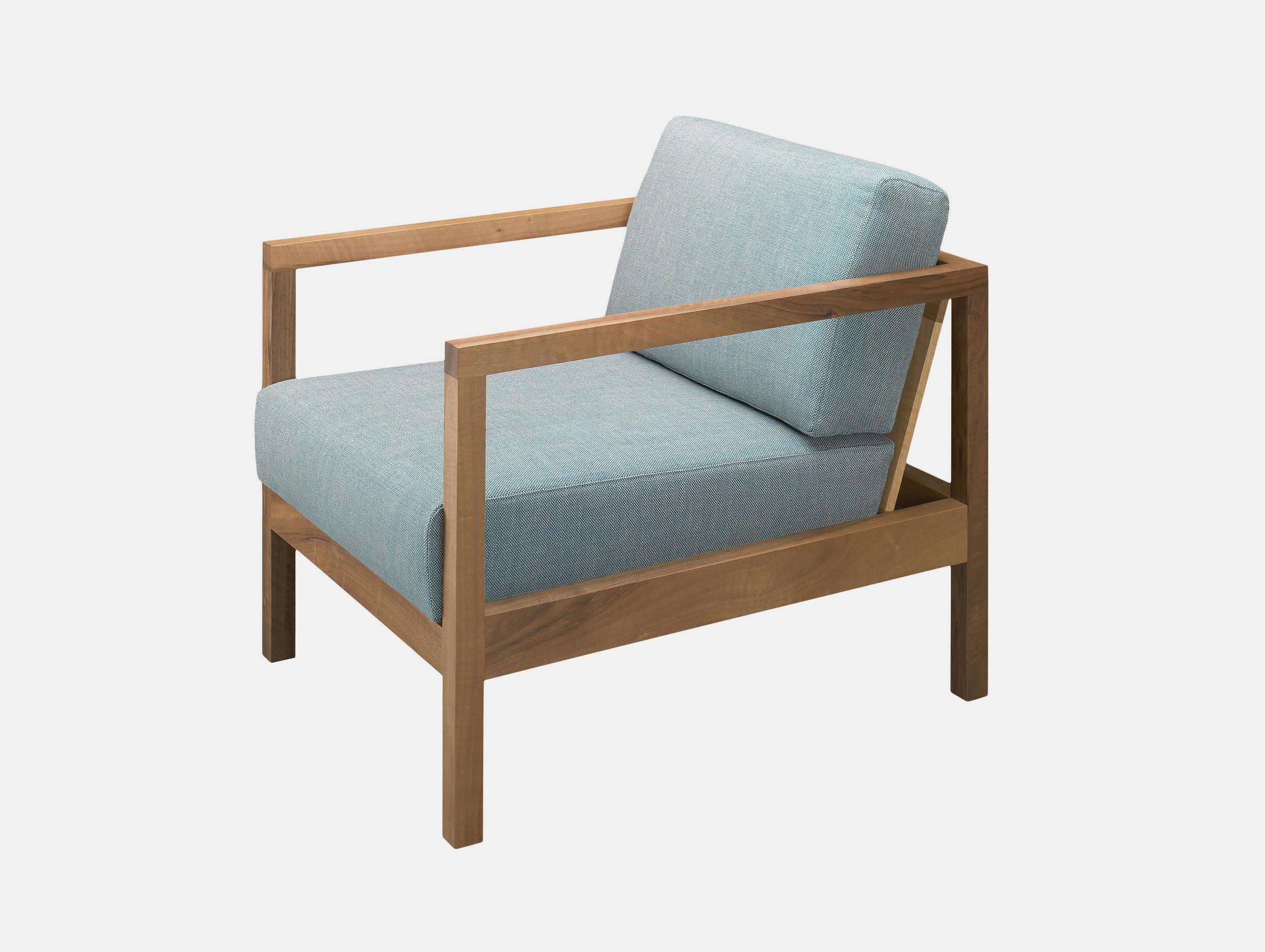 E15 Byron Lounge Chair Walnut Blue Fabric Florian Asche Phiipp Mainzer