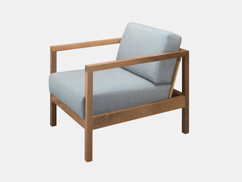 E15 Byron Lounge Chair Walnut Blue Fabric Florian Asche Phiipp Mainzer