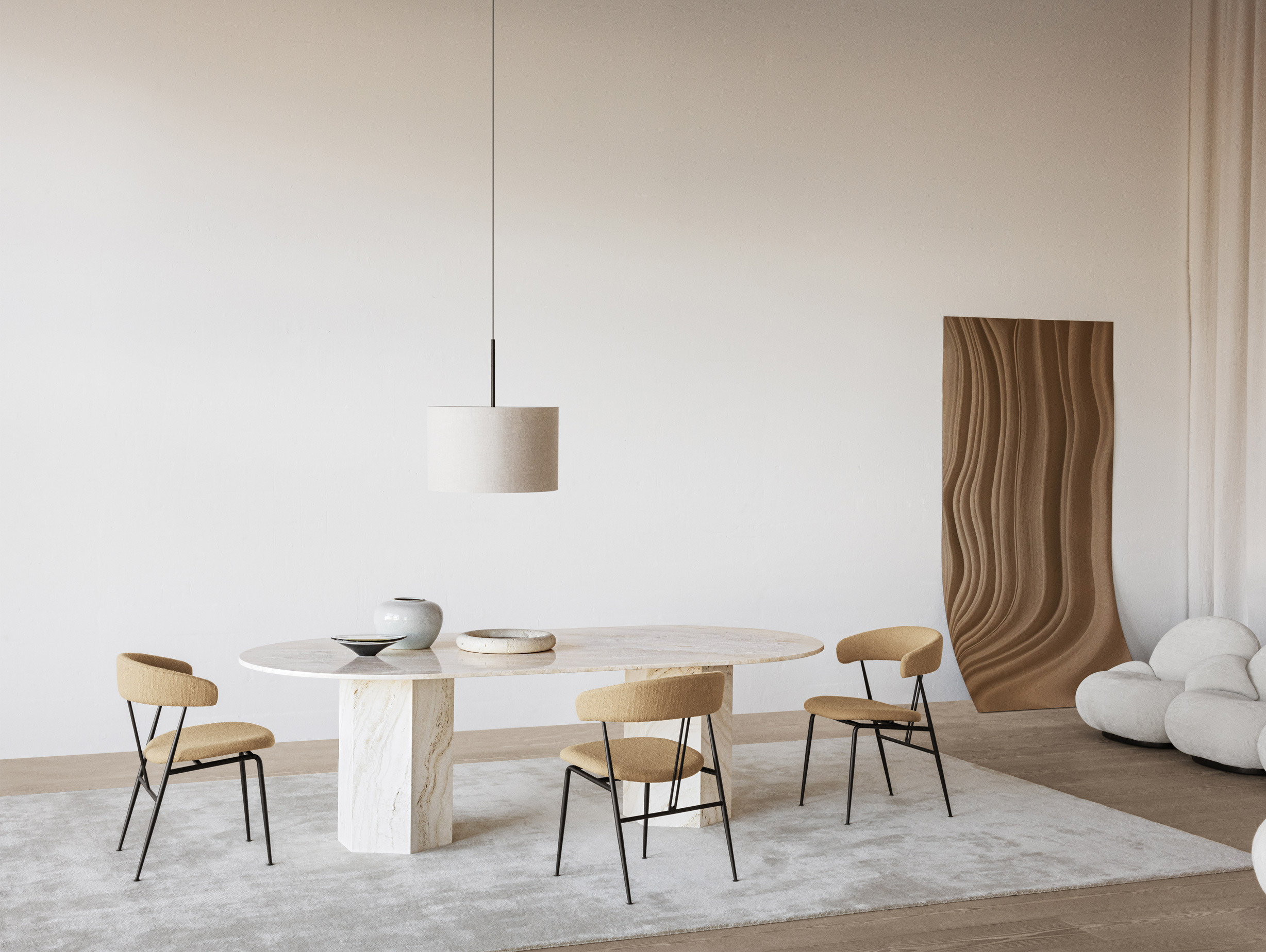 Gubi gam fratesi epic dining table elliptical white travertine lifestyle1