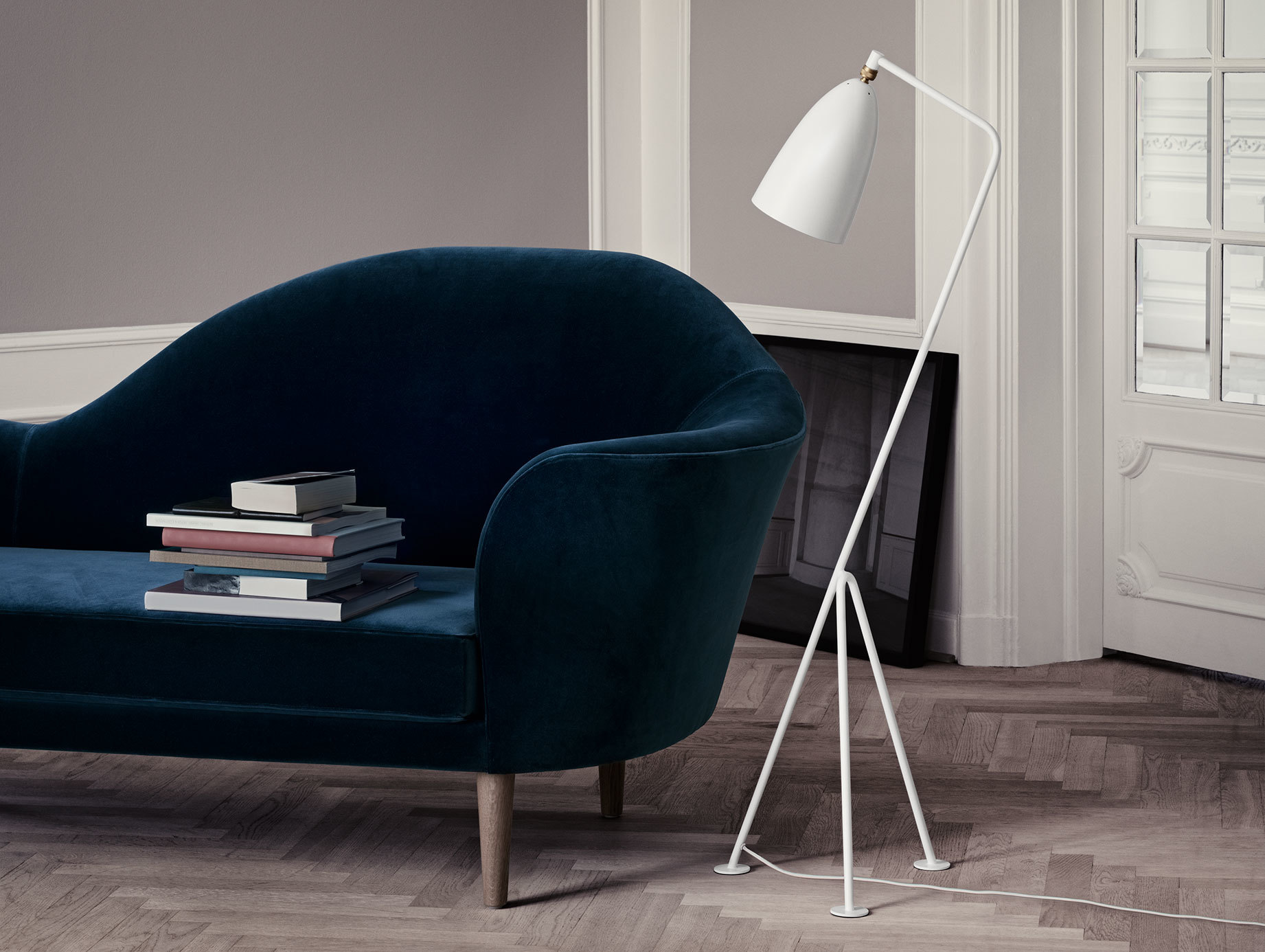 Gubi Grasshopper Floor Lamp White Grand Piano Sofa