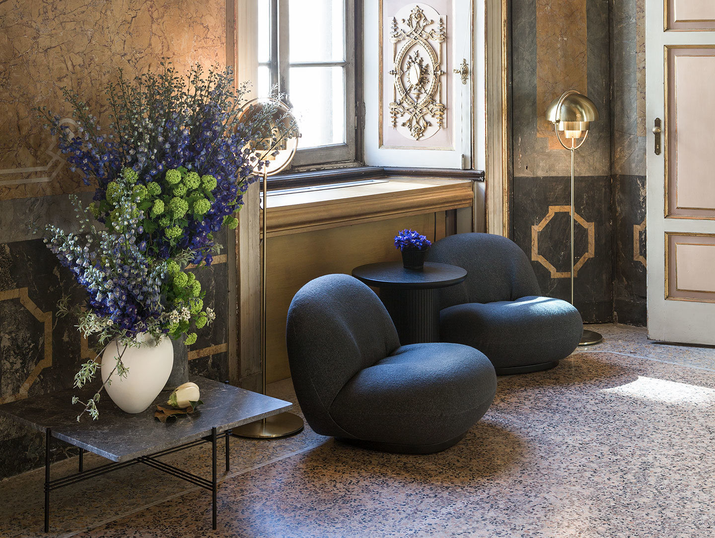 Gubi Ts Coffee Table Multi Lite Floor Lamp Pacha Lounge Chair Moon Lounge Table