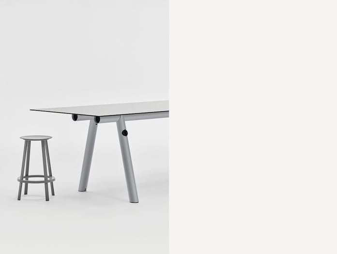 Hay Stefan Diez Boa Table L280 Grey Tinted Tempered Glass Tabletop Metallic Grey Powder Coat Lifestyle