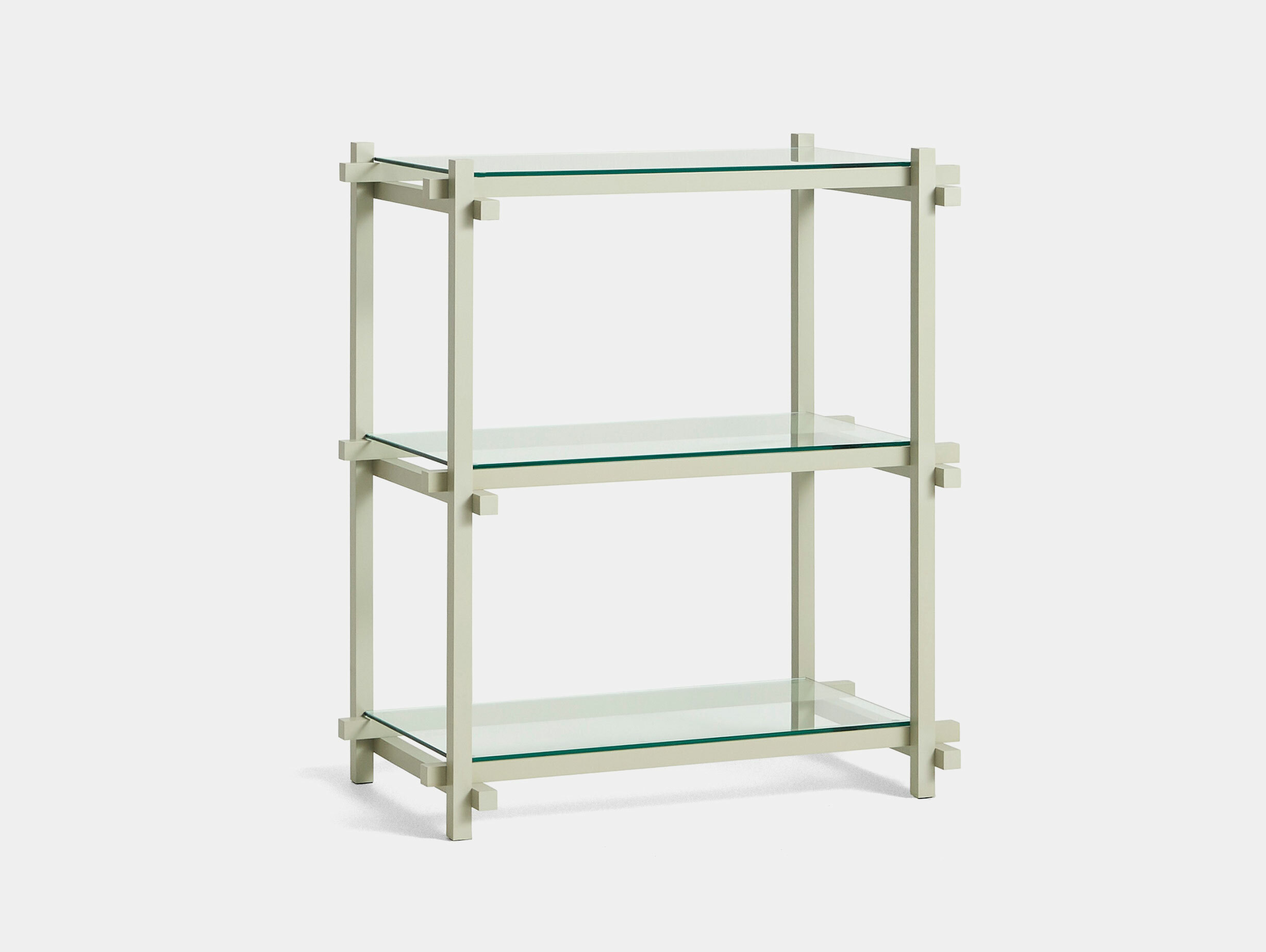 Hay woody low column shelf smokey grey beech clear glass