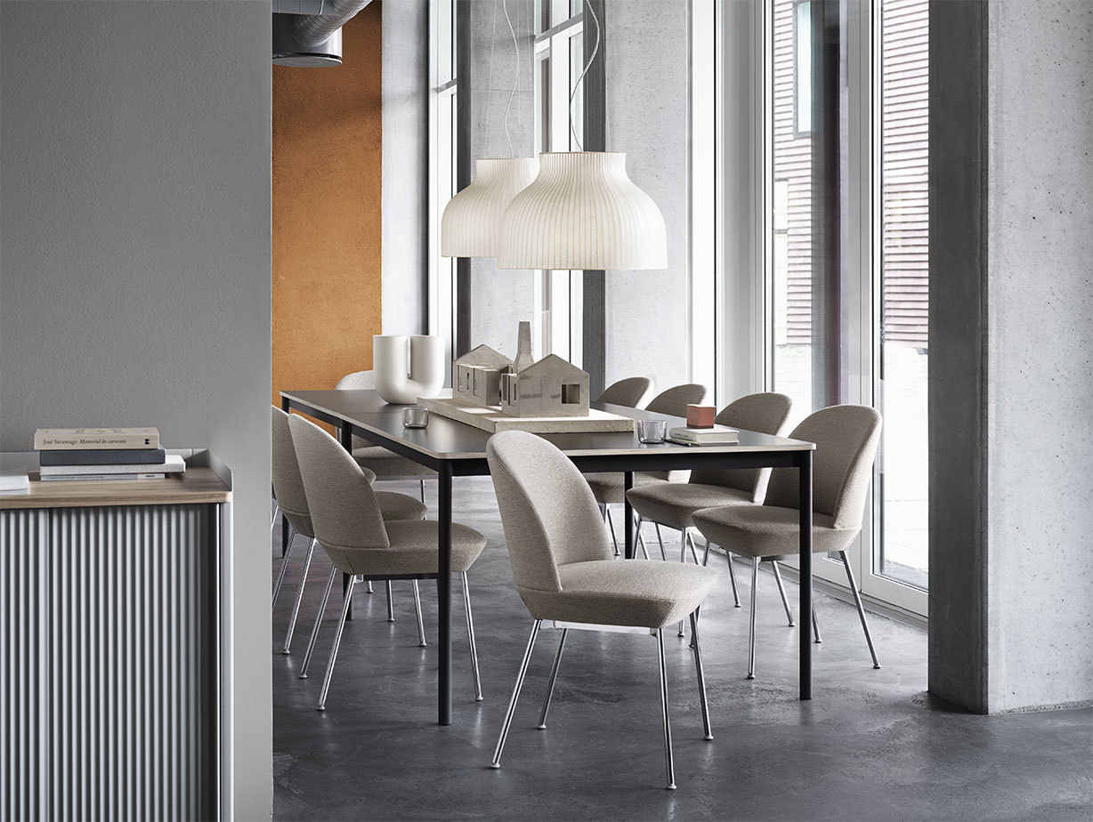 Muuto oslo side chair ocean 32 chrome base table black plywood strand pendant lamp enfold sideboard