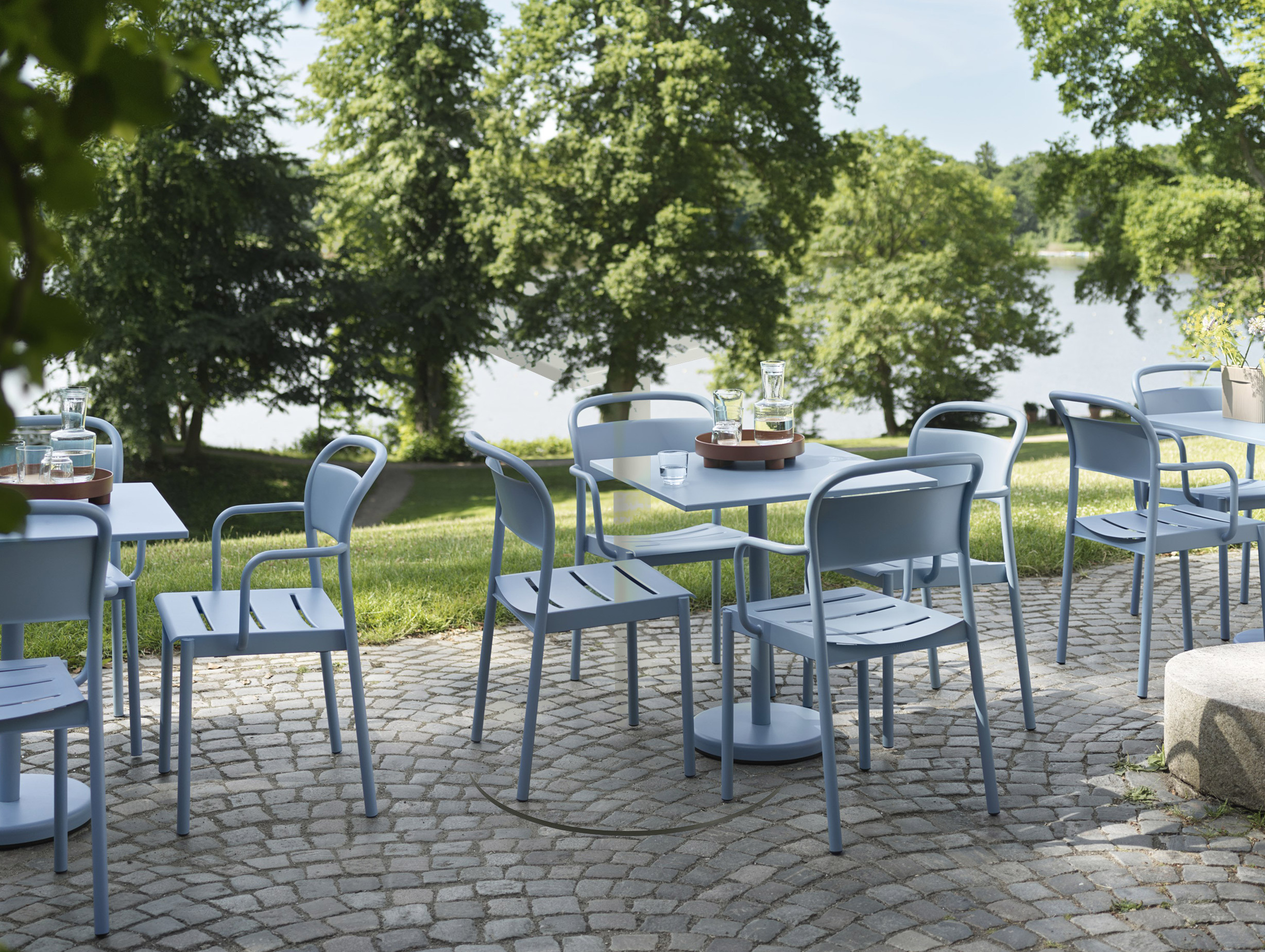 Muuto thomas bentzen linear steel cafe table pale blue lifestyle