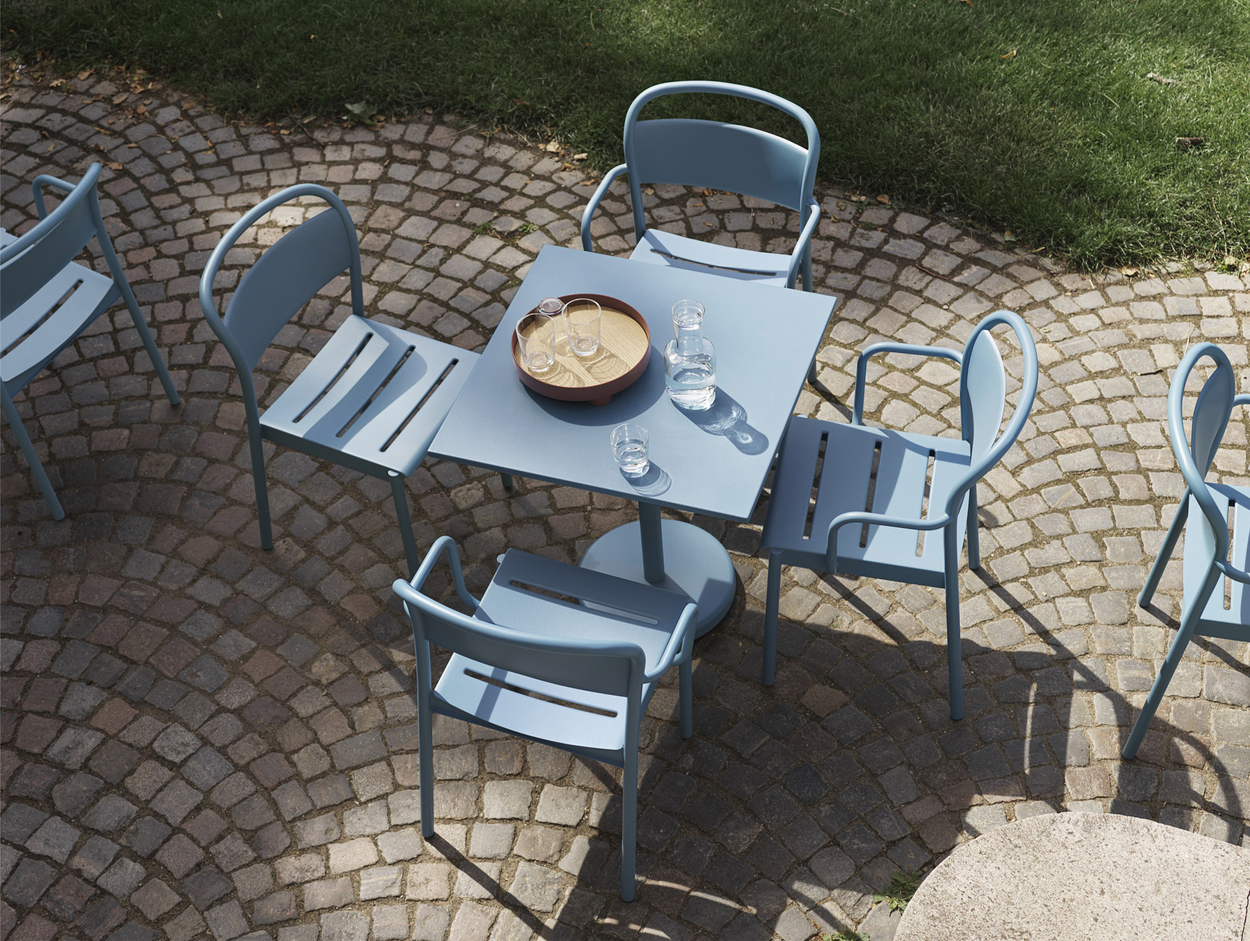 Muuto thomas bentzen linear steel cafe table pale blue lifestyle2