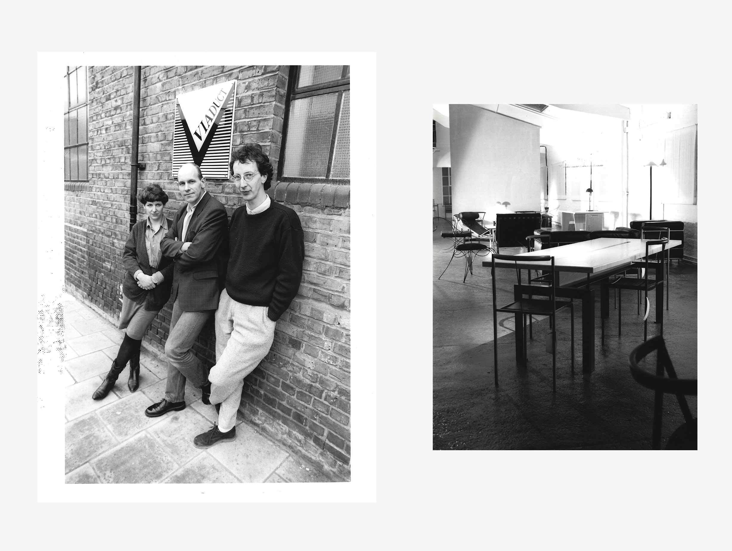 Left: L-R Kate Hayward, John Werner and James Mair. Right: Zeus Table and Sedia chair with Andre Dubreuil Ram chair in the background image